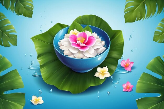 Songkran water festival thailand rose petals and jasmine flower in bowl on banana leaf wat