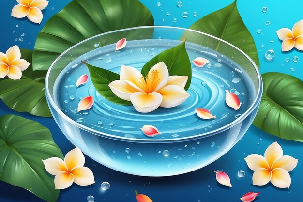 Songkran water festival thailand rose petals and jasmine flower in bowl on banana leaf wat