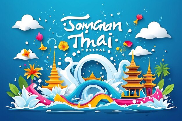 Songkran water festival vector illustrationpapercut effectedcopyspace and landmark