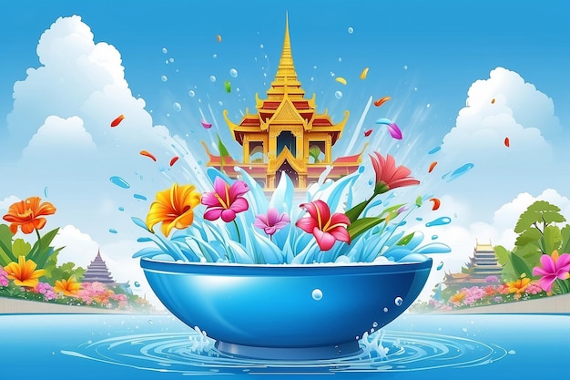 Songkran waterfestival reis thailand bloemen in een waterbak water spetteren
