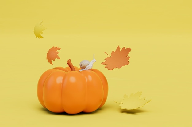 Photo not soon before halloween a snail sitting on a pumpkin around which leaves scatter