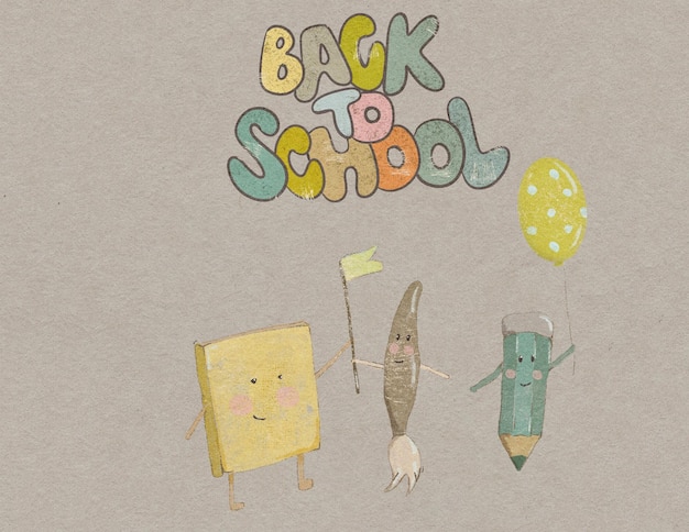 Photo soon to school, back to school, start of the school year, funny school supplies, banners or postcard