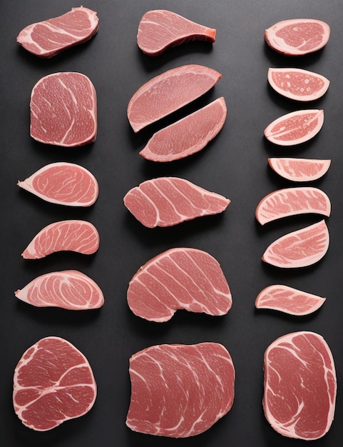 Soorten stukken vlees geplaatst op zwarte achtergrond