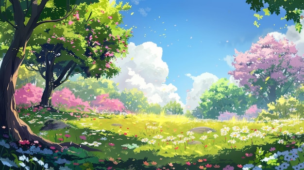Soothing atmosphere of a lush green field with a few spreading branches and a few vibrant flowers