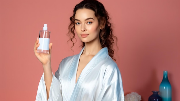 Soothing Beauty Portrait of Woman with Serum Bottle