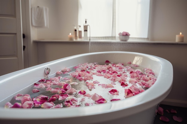 생성 인공 지능으로 만든 장미 꽃잎이 떠 있는 진정 거품 목욕