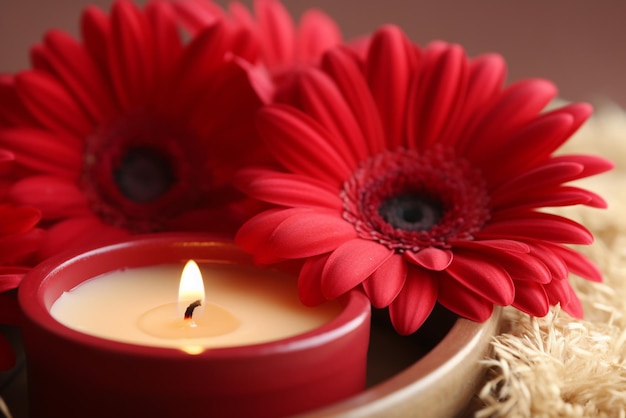 Soothing Closeup of Aromatic Candles and Red Daisy in Bowl Created with Generative AI Tools