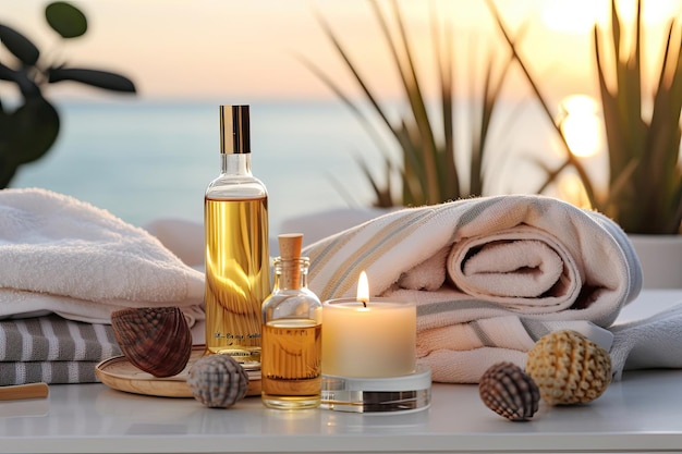 Soothing selfcare still life with candles scented oils towels and swimwear