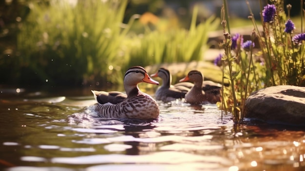 The soothing sound of water and the gentle movements of ducks and geese create a calming scene in a