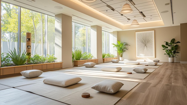 Photo a soothing yoga studio adorned with earthy tones and organic textures creating a tranquil ambiance for ultimate serenity and peacefulness