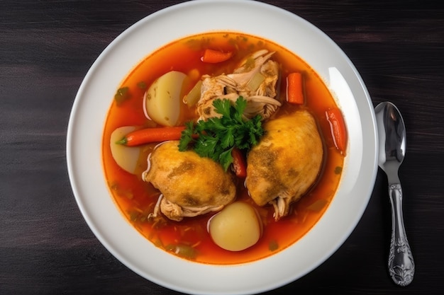 Sopa De Pollo On White Plate Top View Colombian Food Generative AI