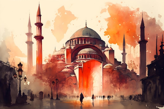 Sophia Mosque in Turkey watercolor Istanbul Generative AI 5