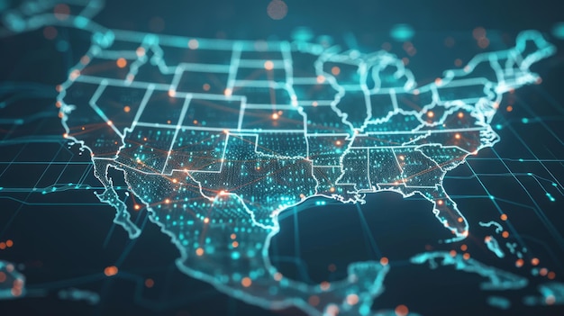 A sophisticated 3D animation of a digital map of the USA displaying interconnected data lines and glowing nodes across the country It symbolizes the connectivity and technological advancement