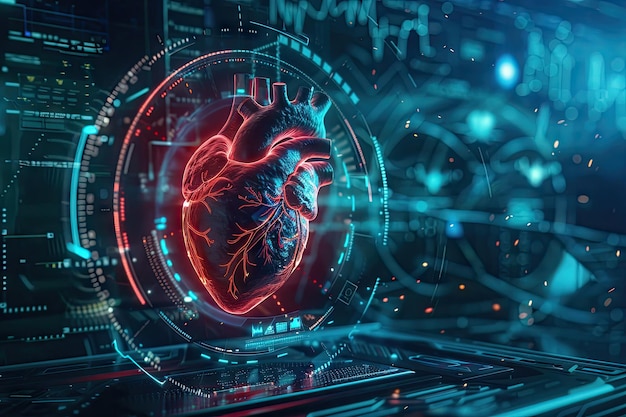 A sophisticated 3D rendering of a human heart in a hightech virtual reality interface for advanced medical diagnostics and analysis heart virtual 3D medical diagnostics technology health