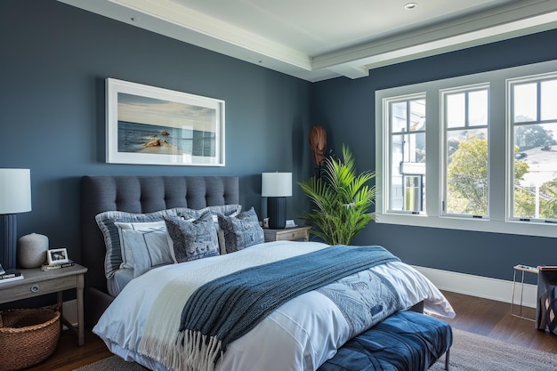 진한 파란색 벽을 갖춘 세련된 침실