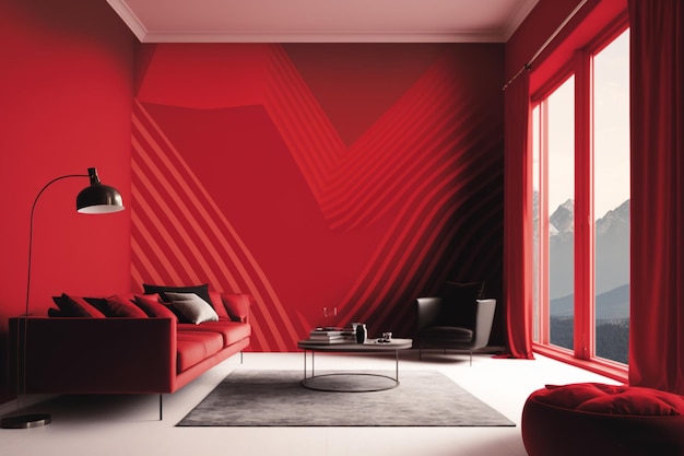 A sophisticated bedroom with red Pantone decoration and elegant furniture