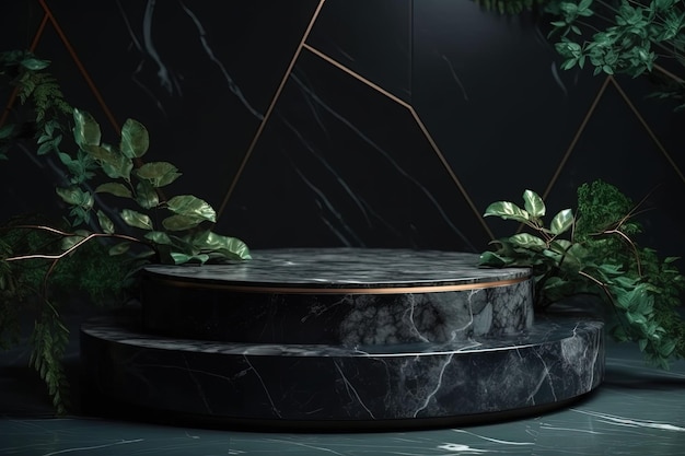 Generative AIテクノロジーで作成された緑豊かな緑で飾られた洗練された黒大理石のテーブル
