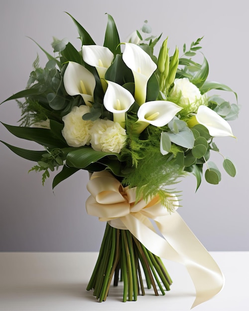 A sophisticated bouquet featuring elegant calla lilies in pristine white accentuated by lush green