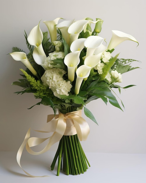 A sophisticated bouquet featuring elegant calla lilies in pristine white accentuated by lush green