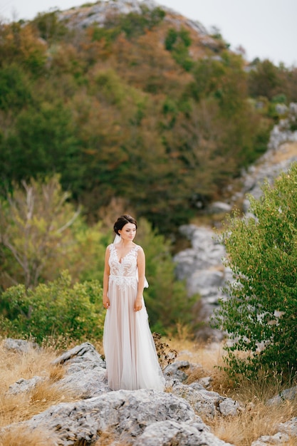 A sophisticated bride in a delicate lace dress stands on the rocks