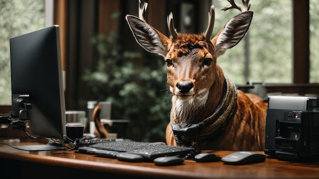 A sophisticated deer using a desktop computer to edit and organize a photo album