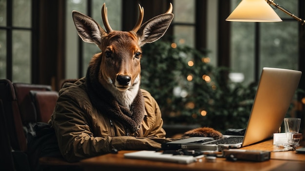 A sophisticated deer using a desktop computer to edit and organize a photo album