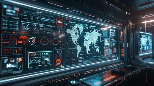 a sophisticated digital interface displaying ai algorithms and global data processing models in a hightech control room setting