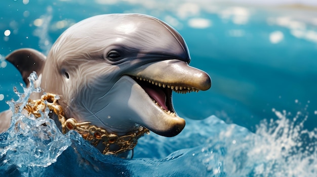 Sophisticated dolphin wears a bespoke silk scarf accentuated by a pearl necklace and diamond earrings