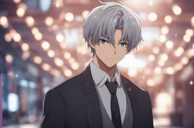 изысканный и элегантный аниме-мальчик с гладкими серебряно-серыми волосами