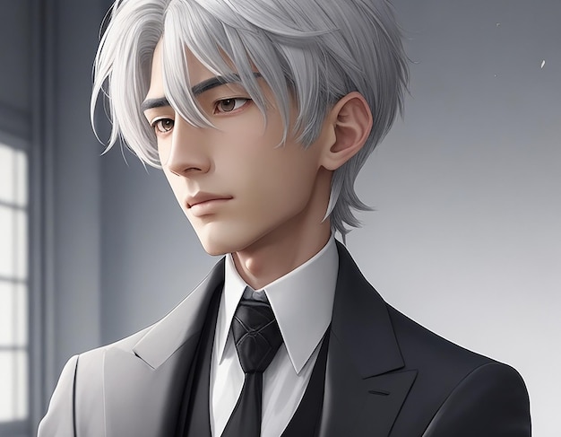 A sophisticated and elegant anime boy with sleek silvergray hair