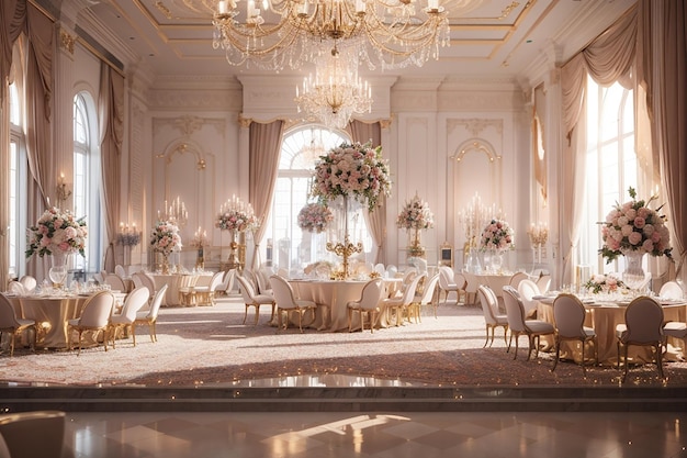 A sophisticated and elegant birthday party held in a luxurious ballroom with crystal chandeliers champagne towers and a live band