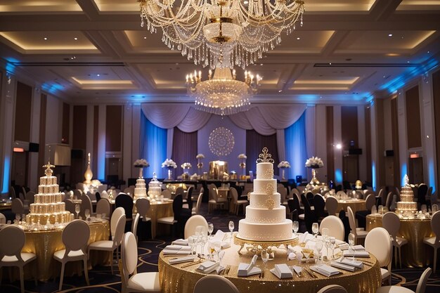 A sophisticated and elegant birthday party held in a luxurious ballroom with crystal chandeliers champagne towers and a live band