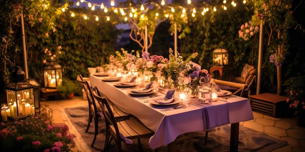 A sophisticated enchanting outdoor dining setup amidst a magical luxurious summertime soiree