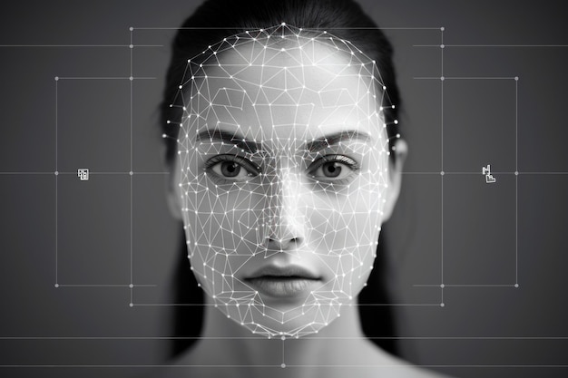 Photo sophisticated face detection analyze face recognition fictional person generate ai