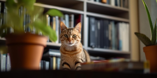 Sophisticated Feline A Cat in a Modern Apartment Surrounded by Books