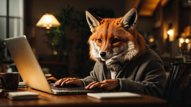 A sophisticated fox typing away on a laptop working on a novel in a cozy den