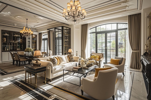 Photo sophisticated living room in a highend residence with elegant furniture luxurious decor and a grand chandelier sitting area with couches and tables