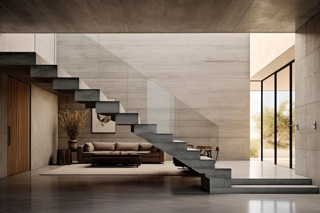 Photo sophisticated living room with concrete stairs