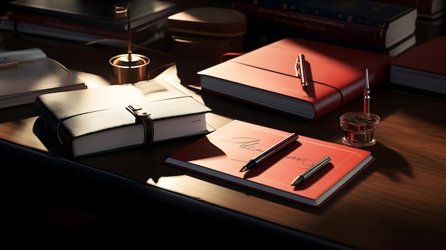 Sophisticated office accessories like leather bound notebooks and premium pens