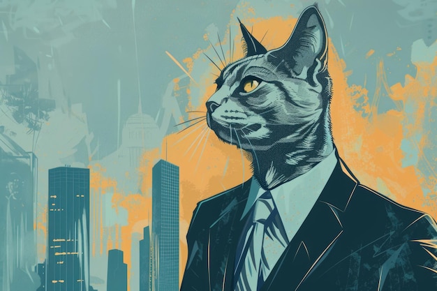 A sophisticated painting featuring a cat dressed in a sharp suit and tie exuding charm