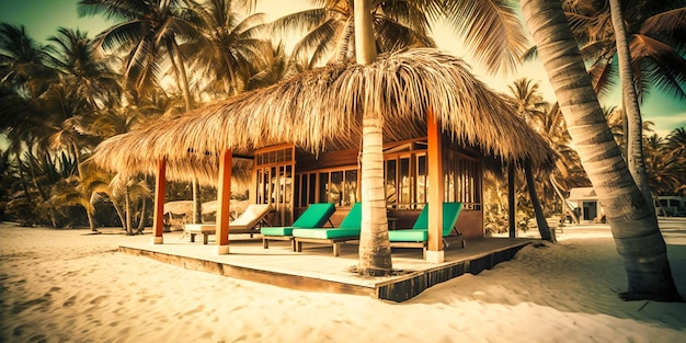 호화로운 여름 휴식을 위한 목가적인 햇살 가득한 해안 휴양지를 제공하는 세련된 전용 해변 카바나
