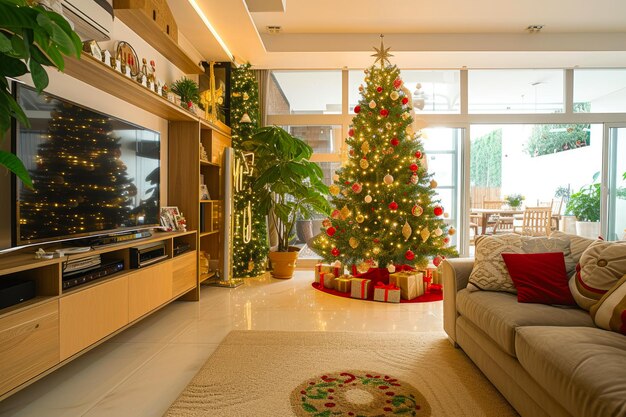 Foto sofisticato vetrino stagionale albero festivo in salotto moderno