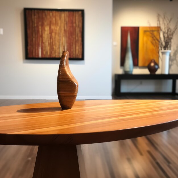 Photo sophisticated serenity a closeup of a sleek wood table with subtle artistic backdrop