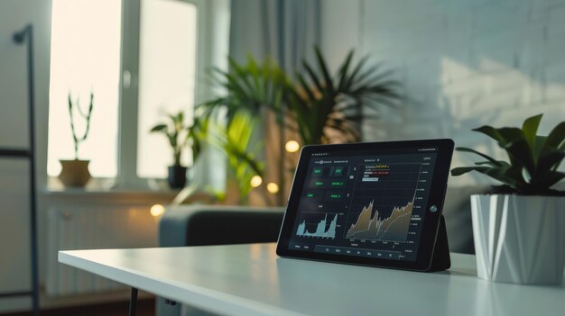 Photo sophisticated trading platform displayed on a tablet set in a minimalistic modern office