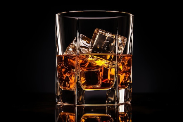 Sophisticated whiskey glass with ice reflecting on a black backdrop