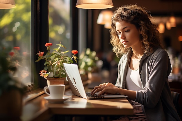 утонченная женщина, погруженная в свою работу на ноутбуке, сидящая у окна в шикарном кафе