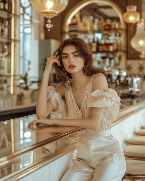Photo sophisticated woman leaning on bar in luxury setting