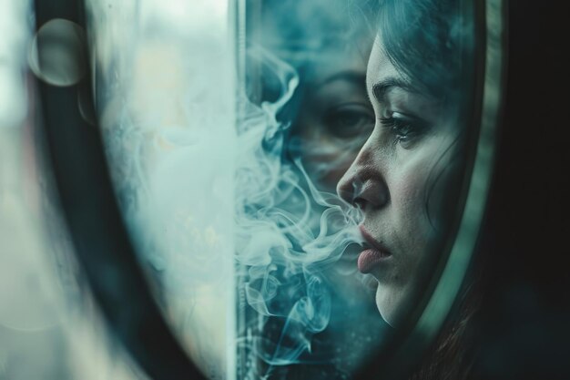 A sophisticated woman smoking in front of a mirror captivated by her own reflection