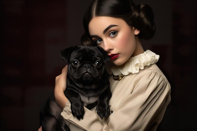 Sophisticated woman in vintageinspired clothing holding her adorable pug close