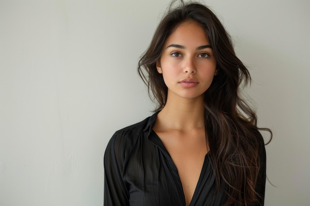 Sophisticated Young Latina Woman with Elegant Black Shirt Studio Shot